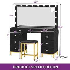 Wiolered Vanity Table Set With Lighted Mirror & Charging Station & Stool