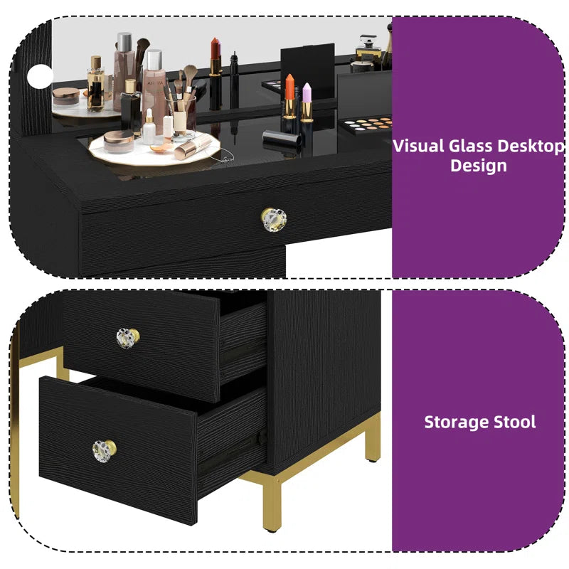 Wiolered Vanity Table Set With Lighted Mirror & Charging Station & Stool