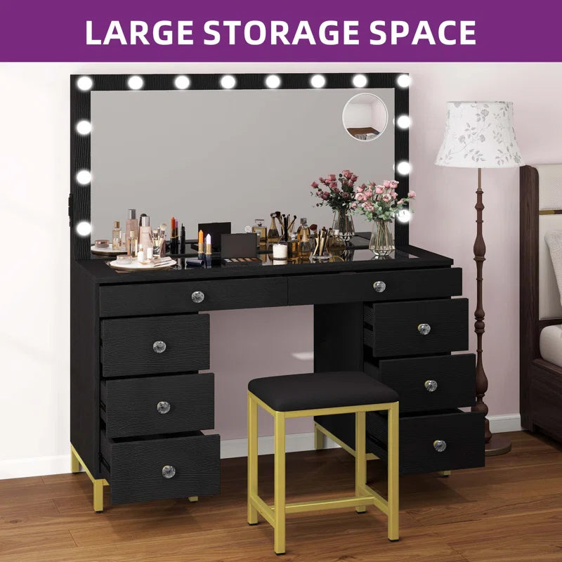 Wiolered Vanity Table Set With Lighted Mirror & Charging Station & Stool