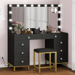 Wiolered Vanity Table Set With Lighted Mirror & Charging Station & Stool
