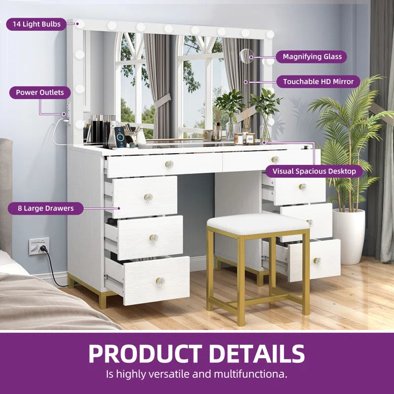 Wiolered Vanity Table Set With Lighted Mirror & Charging Station & Stool