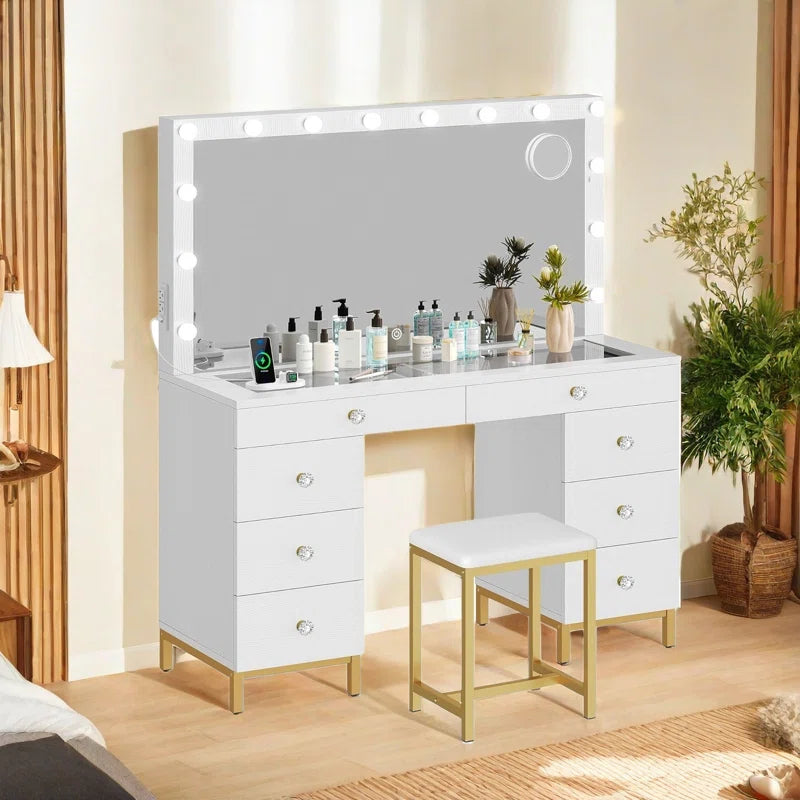 Wiolered Vanity Table Set With Lighted Mirror & Charging Station & Stool