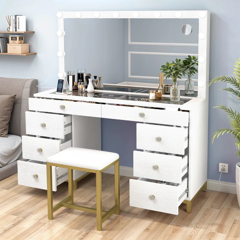 Wiolered Vanity Table Set With Lighted Mirror & Charging Station & Stool