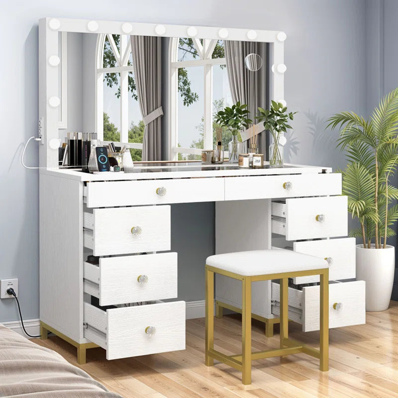 Wiolered Vanity Table Set With Lighted Mirror & Charging Station & Stool