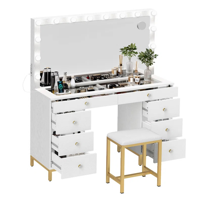 Wiolered Vanity Table Set With Lighted Mirror & Charging Station & Stool
