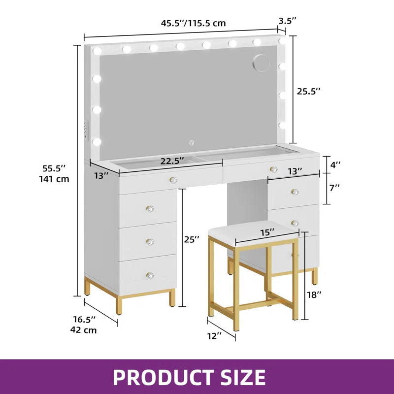 Wiolered Vanity Table Set With Lighted Mirror & Charging Station & Stool