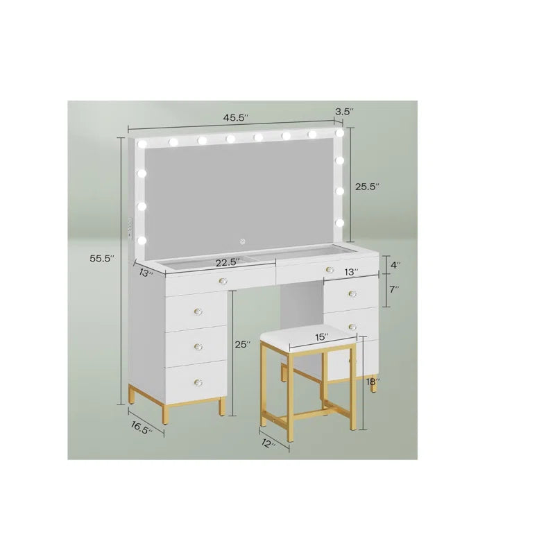 Wiolered Vanity Table Set With Lighted Mirror & Charging Station & Stool