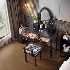 Anzyno Black Solid Wood Dressing Table with Stool