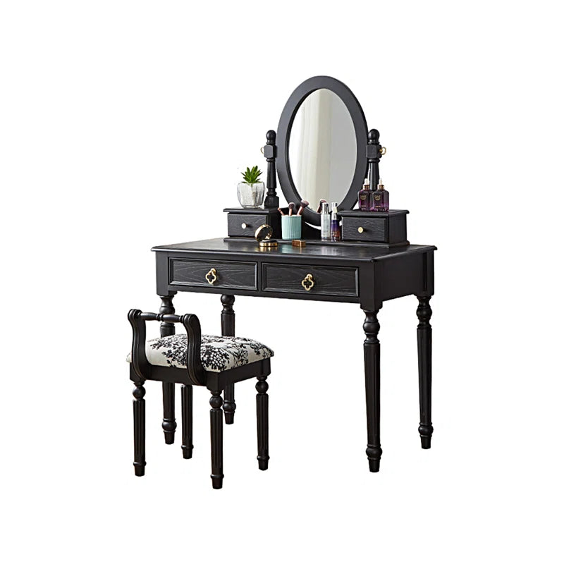 Anzyno Black Solid Wood Dressing Table with Stool