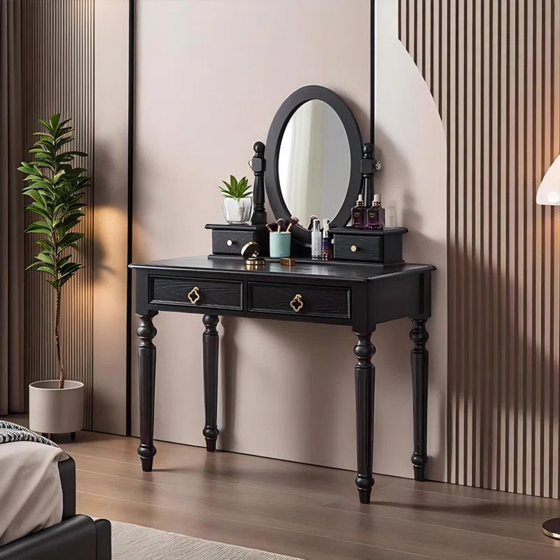 Anzyno Black Solid Wood Dressing Table with Stool