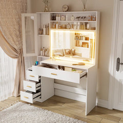 Largeson Makeup Vanity With Lighted Mirror With Charging Station Glass Storage Cabinet And Nightstand For Bedroom