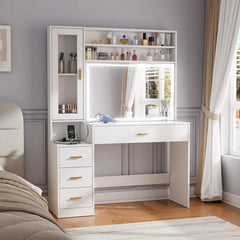 Largeson Makeup Vanity With Lighted Mirror With Charging Station Glass Storage Cabinet And Nightstand For Bedroom