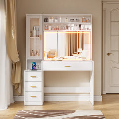Largeson Makeup Vanity With Lighted Mirror With Charging Station Glass Storage Cabinet And Nightstand For Bedroom
