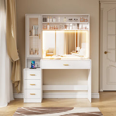 Largeson Makeup Vanity With Lighted Mirror With Charging Station Glass Storage Cabinet And Nightstand For Bedroom