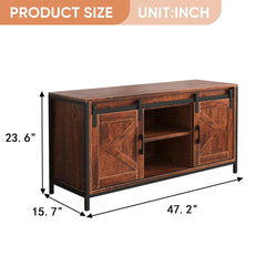 Lyraa TV Stand With Sliding Barn Door With Storage Cabinets Mid Century Modern Console Table