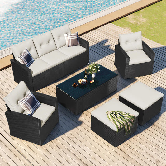 GO 6-Piece Outdoor Patio Set - Black Wicker & Beige Cushions with Sofas, Ottomans, and Coffee Table - All-Weather PE Rattan Sectional