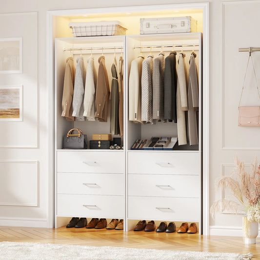4ft Closet Organizer System with 6 Wooden Drawers and Hanging Rods (Set of 2)