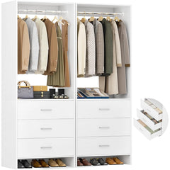 4ft Closet Organizer System with 6 Wooden Drawers and Hanging Rods (Set of 2)