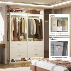 4ft Closet Organizer System with 6 Wooden Drawers and Hanging Rods (Set of 2)