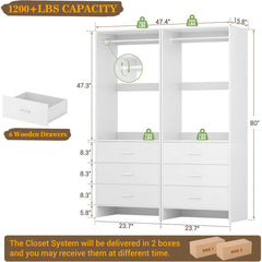 4ft Closet Organizer System with 6 Wooden Drawers and Hanging Rods (Set of 2)