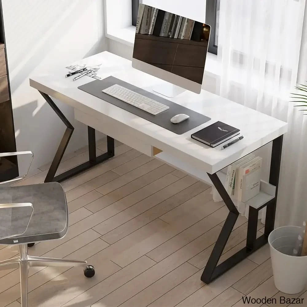 White Writing Desk Wooden Computer Desk with Shelf & Drawer Black Legs ...