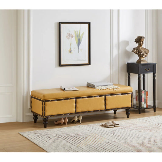 Large Classic Upholstered Storage Bench, Waxed Leather Flip Top Ottoman