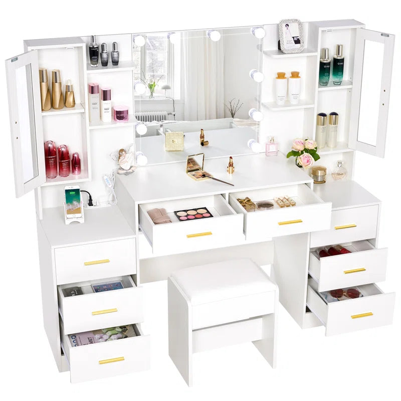 Aericsole Erastic Large Vanity Desk Table With Mirror & Lights
