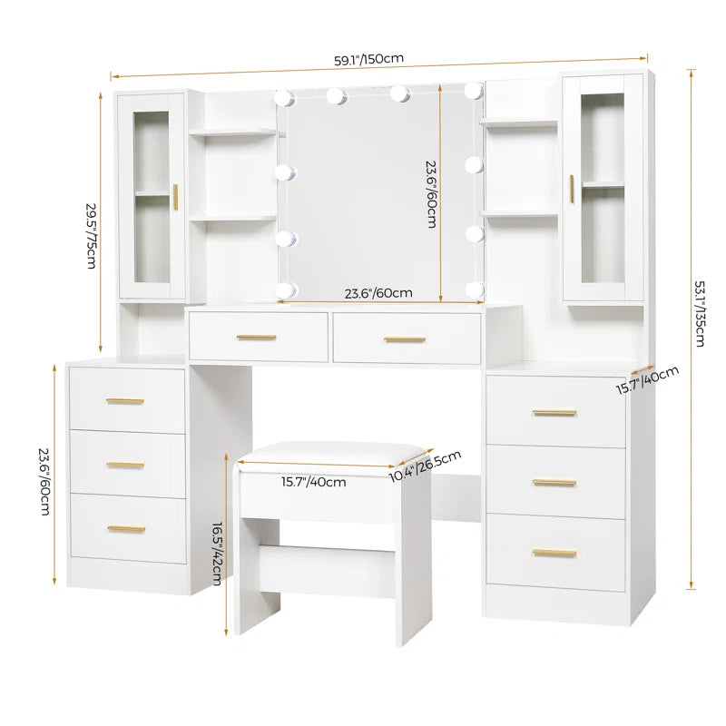 Aericsole Erastic Large Vanity Desk Table With Mirror & Lights