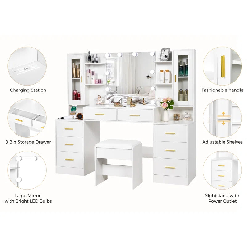 Aericsole Erastic Large Vanity Desk Table With Mirror & Lights