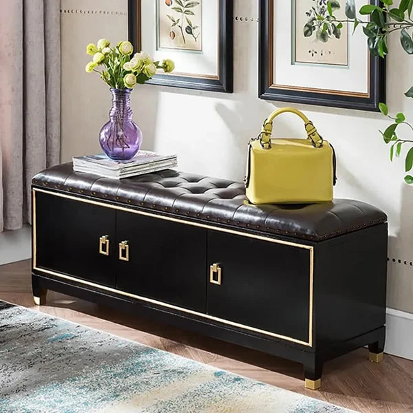 39.4" Faux Leather Upholstered Entryway Bench with Storage Shoe Cabinet 3-Door - Wooden Bazar