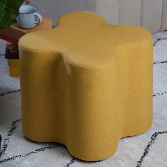 Set of 2 Pouffes Sitting Stool in Mustard Yellow - Wooden Bazar