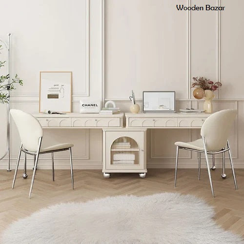 94" Two Person Double Computer Desk Modern White & Silver Office Desk with Rich Storage - Wooden Bazar
