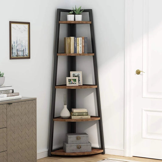 Singvok 70 inch Tall Corner Shelf, Rustic Ladder Corner Bookshelf Bookcase