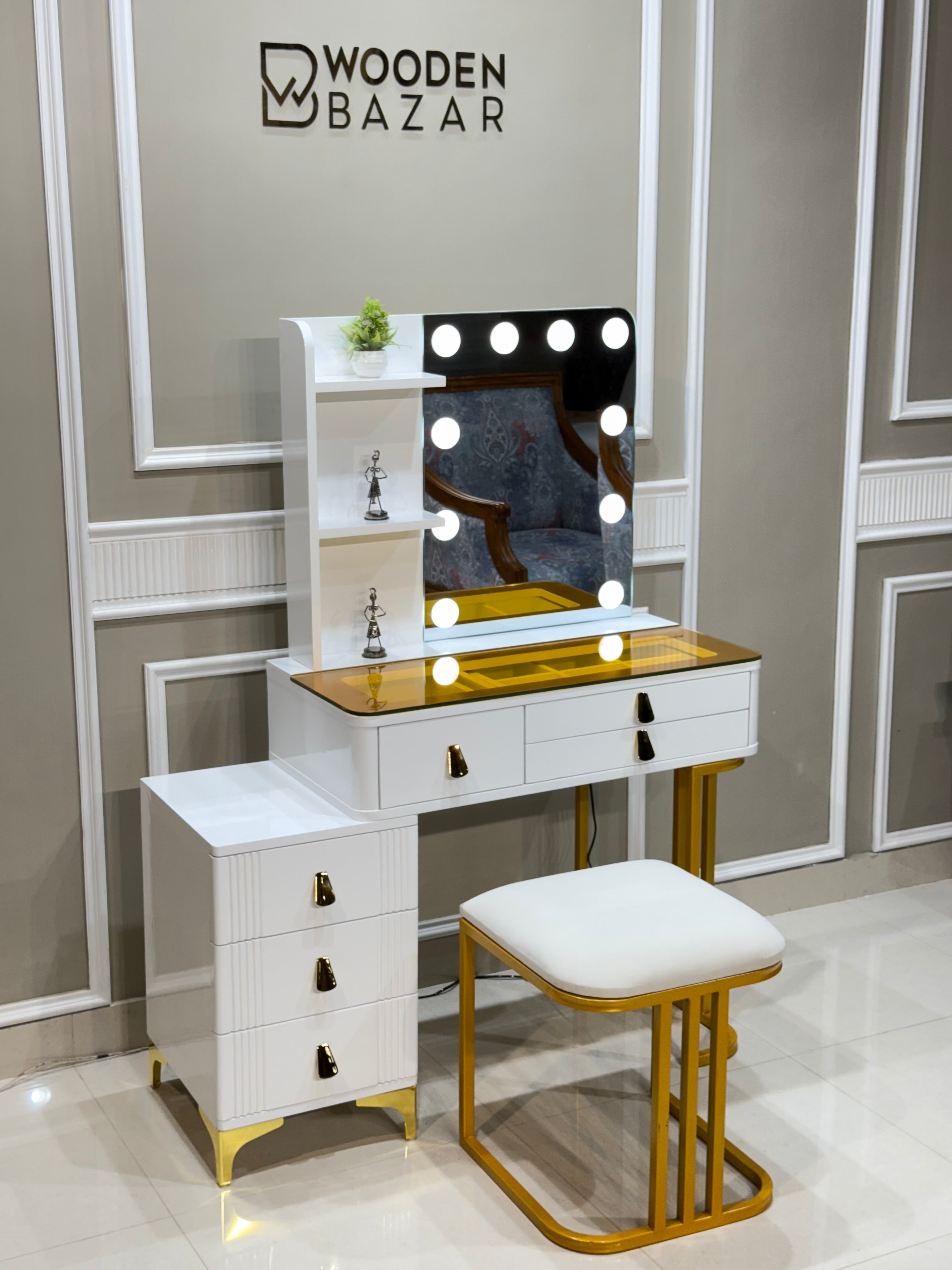 Makeup Vanity with Dressing Table With Stool & Mirror 3 Lighting Colors - Wooden Bazar