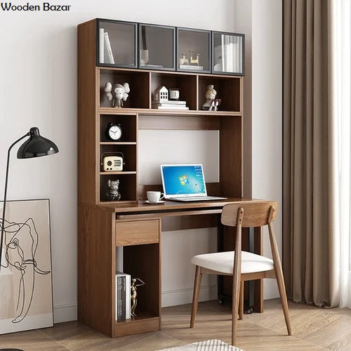 47.2" Walnut Desk with Hutch L-Shaped Rotating Desk with Bookshelf - Wooden Bazar