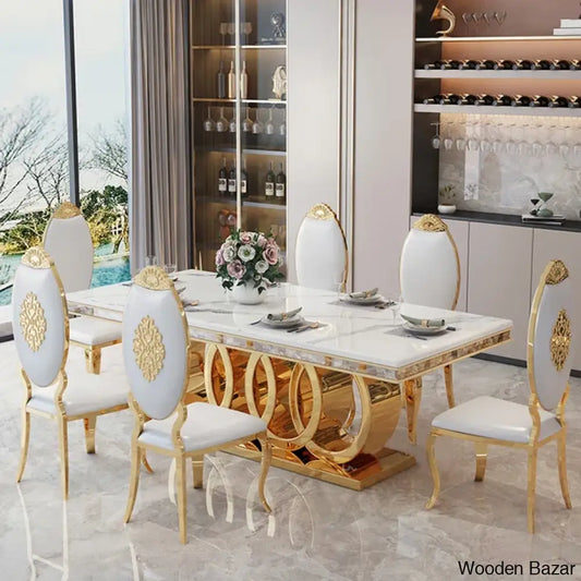 8 Seater Stylish Faux Marble Top Pedestal Dining Set 29.92’’H X 86.61’’L 39.37’’W