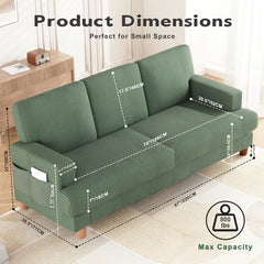 Corduroy Sofa with 3 Seats No Tool Assembly Solid Wood Frame and Solid Wood Legs