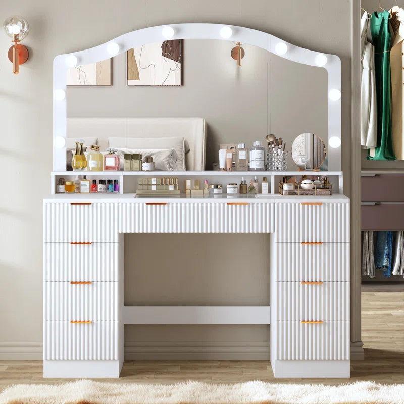 Larked Makeup Vanity Table with LED Mirror With Storage Drawers Cabinets Power Outlet & Adjustable Lighting