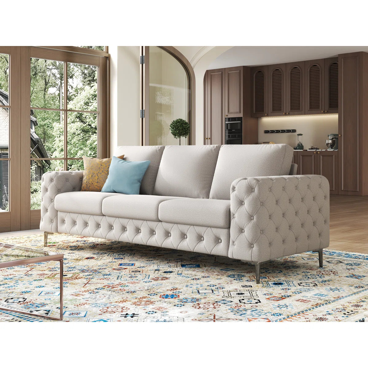 Newwing Modern Button Tufted 3-Seater Sofa With Wide Armrests