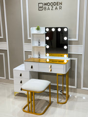 Makeup Vanity with Dressing Table With Stool & Mirror 3 Lighting Colors - Wooden Bazar