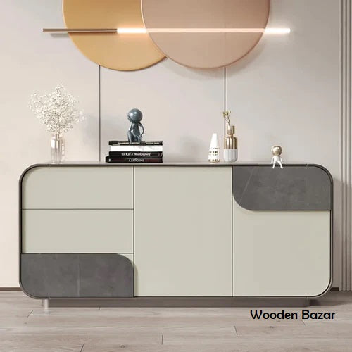63" Modern Off White Sideboard Buffet with Storage Gray Sintered Stone Credenza - Wooden Bazar