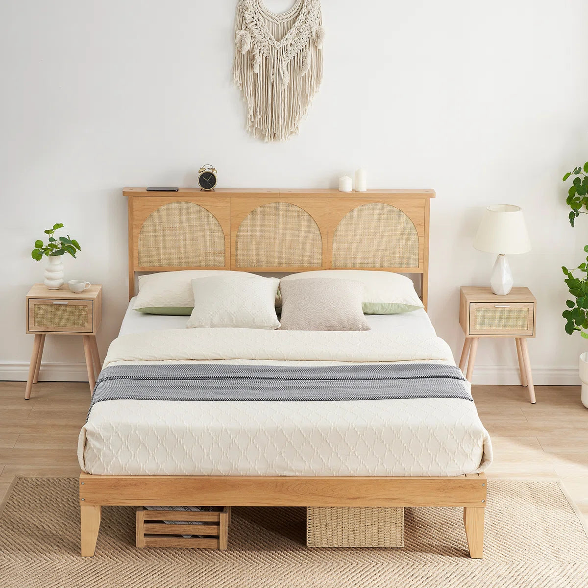 Arched Cane Headboard Bed – Rattan Weave on Platform Base