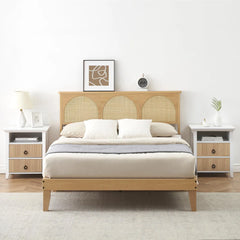 Arched Cane Headboard Bed – Rattan Weave on Platform Base