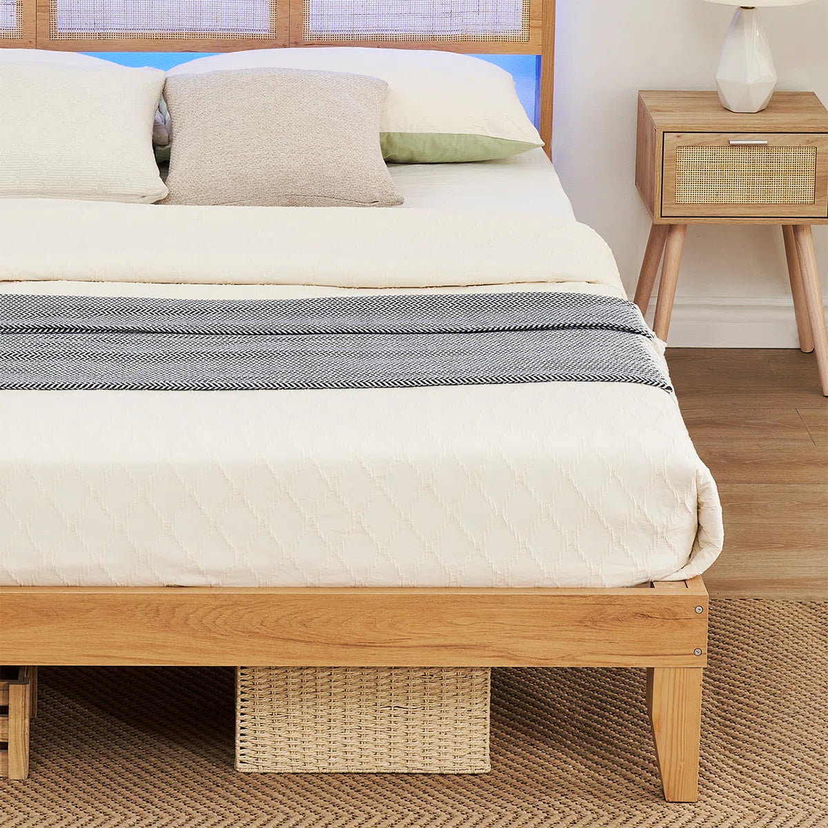 Arched Cane Headboard Bed – Rattan Weave on Platform Base