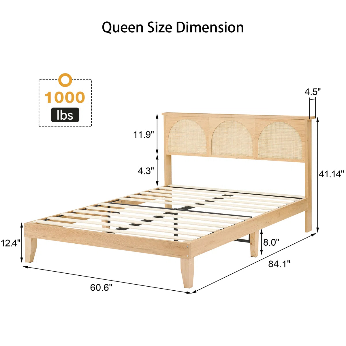 Arched Cane Headboard Bed – Rattan Weave on Platform Base