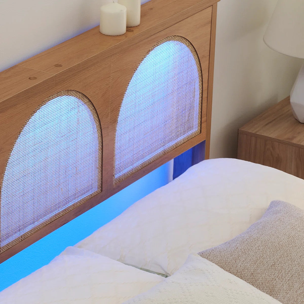Arched Cane Headboard Bed – Rattan Weave on Platform Base