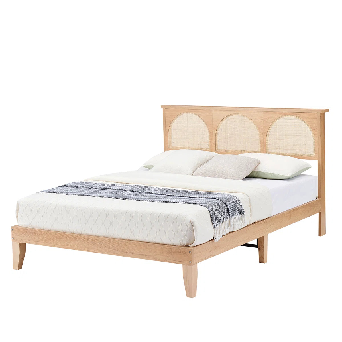 Arched Cane Headboard Bed – Rattan Weave on Platform Base