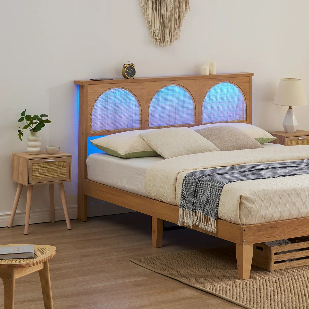Arched Cane Headboard Bed – Rattan Weave on Platform Base