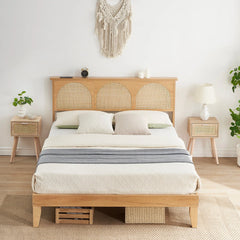 Arched Cane Headboard Bed – Rattan Weave on Platform Base