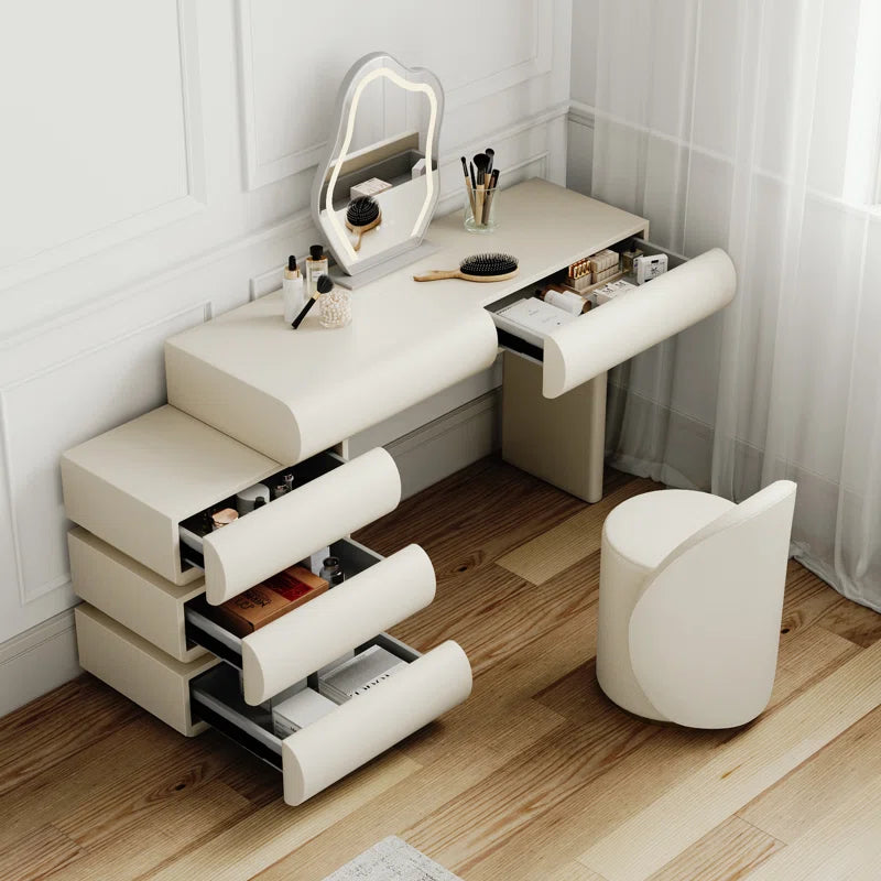 Luxoner Modern Minimalist Cream Vanity Table with Unique Drawer Design And Stool